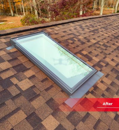 after-window An after shot of a brand new skylight window on a roof.